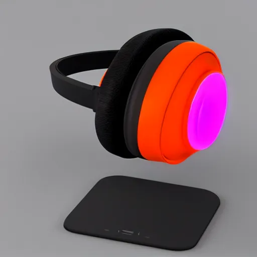 Image similar to wireless headphone stand, futuristic, techno, cyberpunk, product design, render, concept, fun, neon