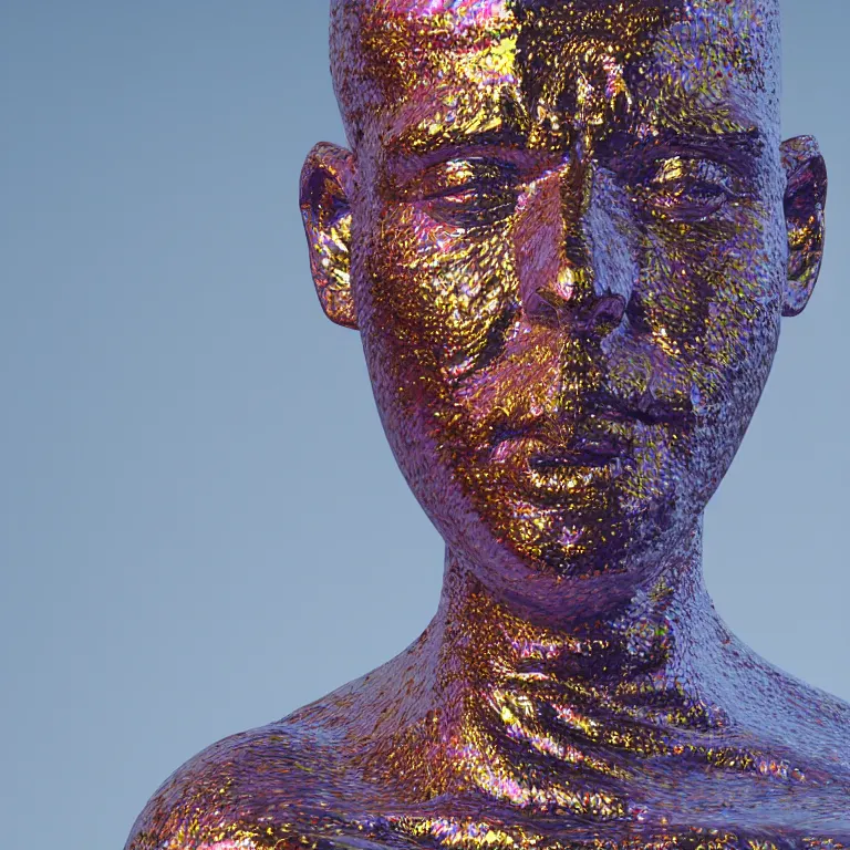 Image similar to octane render portrait by wayne barlow and carlo crivelli and glenn fabry, a giant shiny smooth reflective colorful patterned metal statue of a face by jeff koons wrapped in folded white silk, cinema 4 d, ray traced lighting, very short depth of field, bokeh