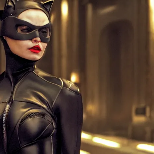 Prompt: real-life Catwoman, cinematic, Wide-shot, atmospheric lighting, directed by Quentin Tarantino, extreme detail, 8K, movie still