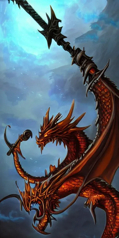 Image similar to draconic staff, dragon staff, dragon head on top of the staff, glowing draconic staff, epic fantasy style art, fantasy epic digital art, epic fantasy weapon art, hearthstone style art