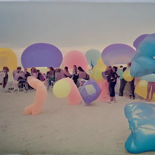 Image similar to a pastel colour high fidelity wide angle Polaroid art photo from a holiday album at a seaside with abstract inflatable parachute furniture, all objects made of transparent iridescent Perspex and metallic silver, high fidelity people in masks dance in the distance, iridescence, nostalgic