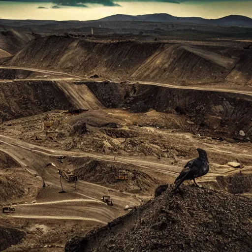 Image similar to Cinematic reverse aerial angle telephoto f2.8 iso 640 over the shoulder of a battle-worn survivor looking over a mid 1800s coal-mining town in the sweltering desert heat, crows in the sky. Photorealistic, award winning, ultra high resolution, intricate details, UHD 8K