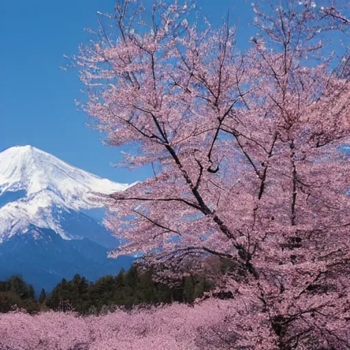 Prompt: Sakura plant forest and lakes with snow mountains at the background