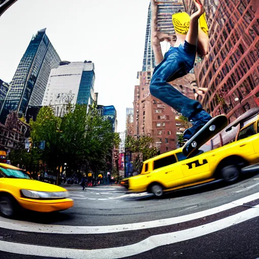 Prompt: skateboarder kickflipping over a yellow taxi, nyc street photograph, award winning, 4k