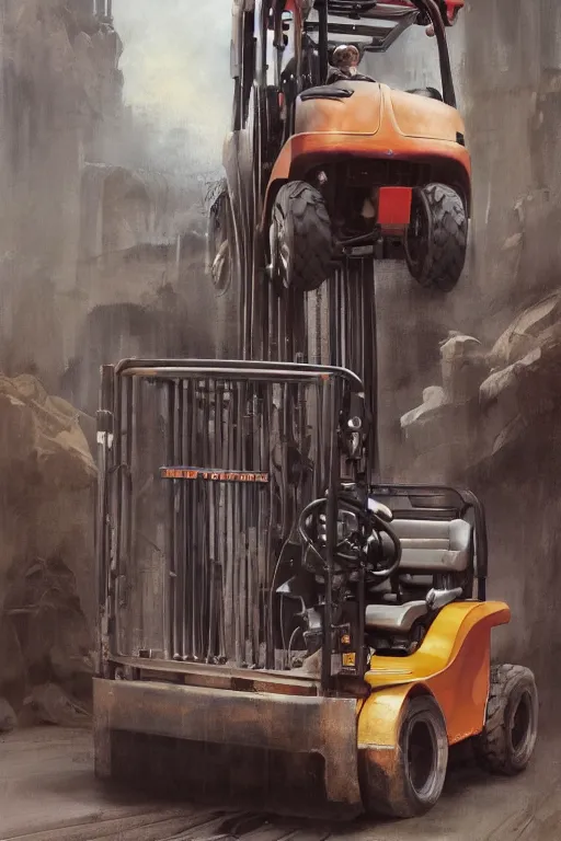 Prompt: a bald man driving a fork lift truck by Frank Frazetta, Ivan Aivakovsky, Boris Vallejo, epic character art, full length, Exquisite detail, post-processing, masterpiece, cinematic, 8k, ultra realistic, hyper detailed