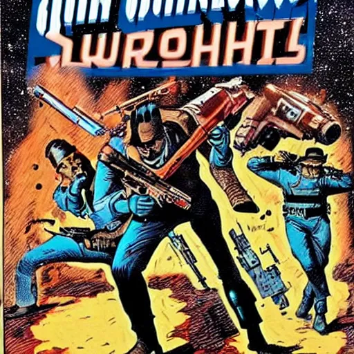 Image similar to space opera gunfight, in the style of feldstein, johnny craig, wally wood, and jack davis - - ar 1 6 : 9 subbed out gunfight for : slugfest, shootout, warzone,