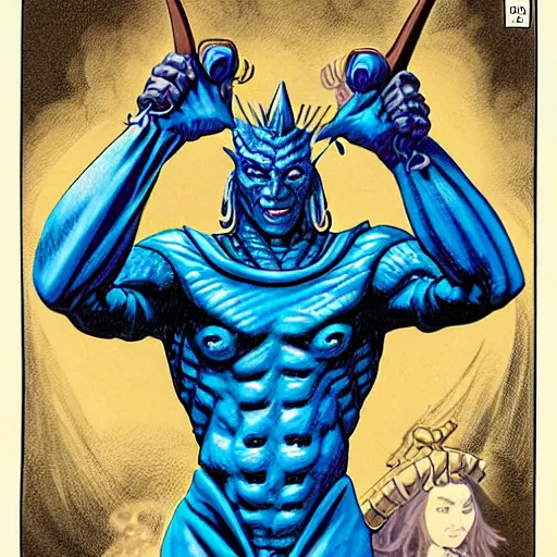 Image similar to half length portrait of a medieval d & d fantasy nerdy anthropomorphic blue dragon - headed - human hybrid with electrcity magic, comic book cover art photo by phil noto, frank miller, hr giger, alex ross, glenn fabry