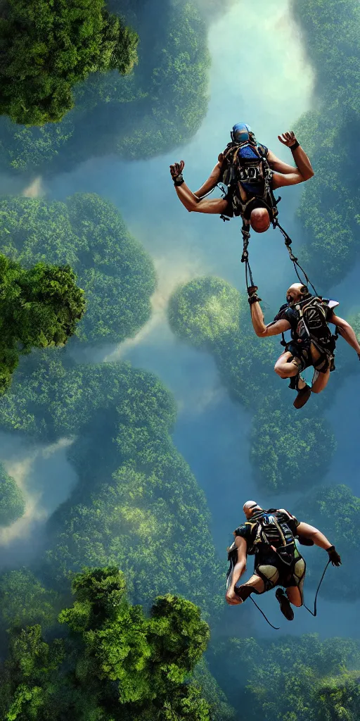 Image similar to downward view of sky divers parachuting downward, Amazon jungle setting, Photorealistic, establishing shot, cinematic lighting, , dramatic lighting, atmospheric, realistic, octane render, highly detailed, color graded, matte painting in the style of craig mullins