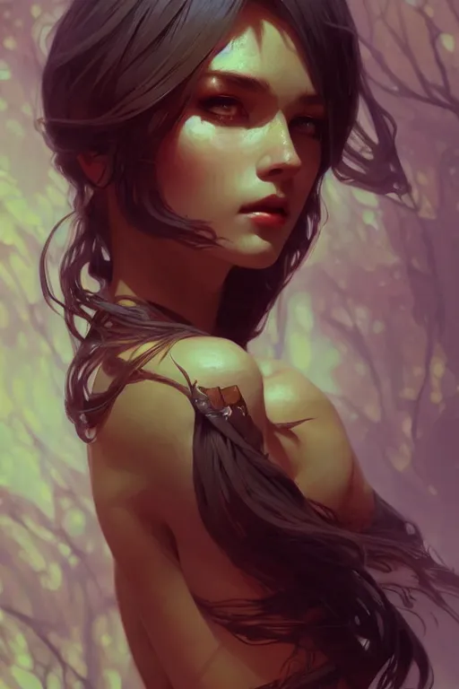 Image similar to a very beautiful savage girl, forest, fantasy, portrait, sharp focus, intricate, elegant, digital painting, artstation, matte, highly detailed, concept art, illustration, ambient lighting, art by ilya kuvshinov, artgerm, alphonse mucha, and greg rutkowski