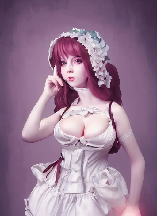 Prompt: jenna lynn meowri as a beautiful maid in a dress that is too tight, incredibly detailed face, true anatomy, centerfold, art by wlop
