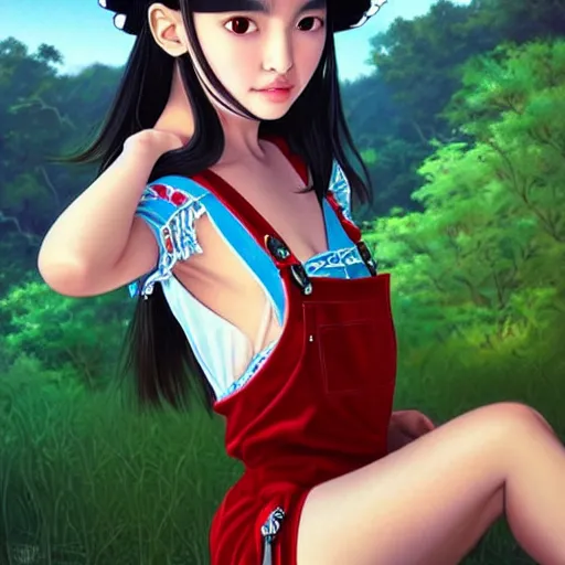Image similar to a beautiful young japanese natalie portman alluring gravure model, wearing elaborate elegant designer overalls, elegant overalls with mesoamerican patterns, mesoamerican native street fashion, princess mononoke, by and wlop and ilya kuvshinov and artgerm and, aesthetic, gorgeous, stunning, alluring, attractive, artstation, pinterest, digital art