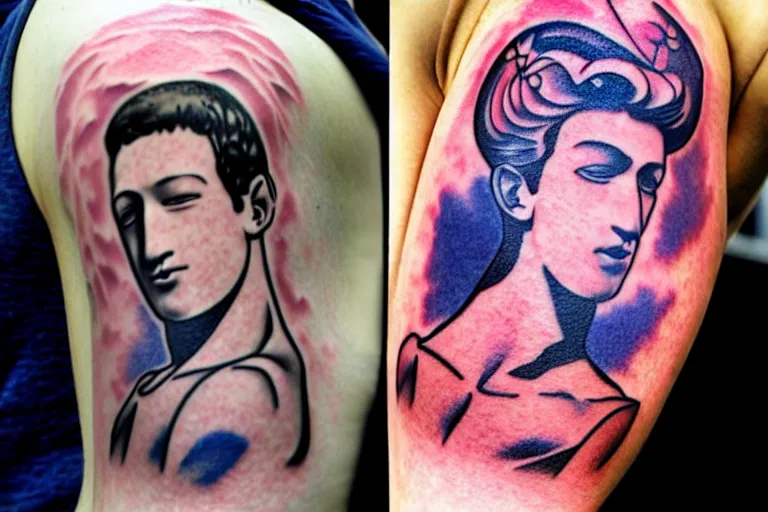 Image similar to muscular mark Zuckerberg with sailor moon tattoos artistic