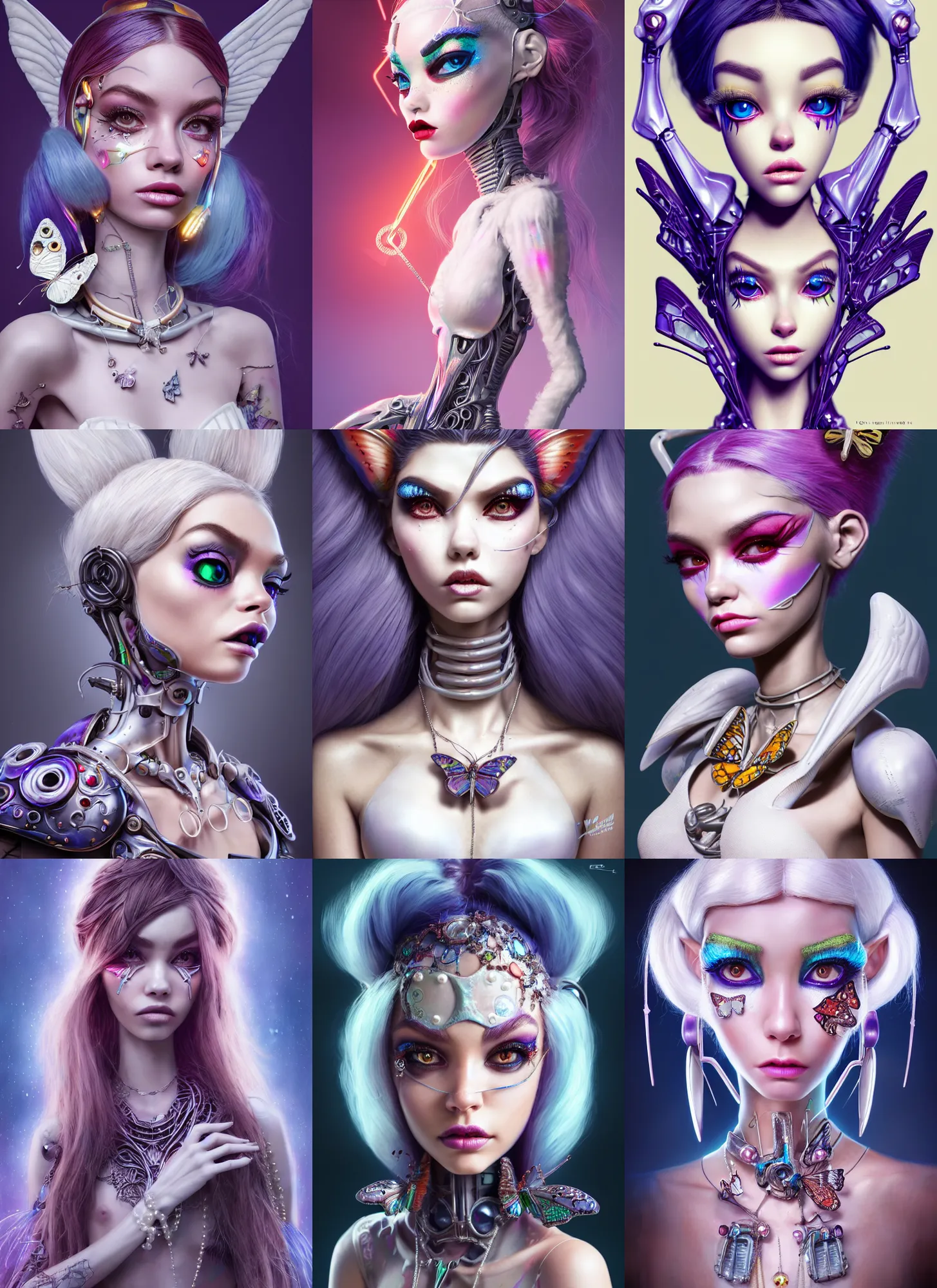 Prompt: pixar weta portrait, beautiful porcelain white edm raver clowncore pearl devil angel madison beer cyborg woman, butterfly jewelry, sci - fi, fantasy, cyberpunk, intricate, elegant, highly detailed, digital painting, ever after high, octane render, artstation, concept art, smooth, sharp focus, illustration, art by artgerm, loish, wlop