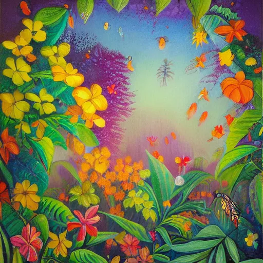 Image similar to a beautiful painting of an enchanted forest full of tropical flowers and fireflies, by agnes lawrence pelton, trending on artstation
