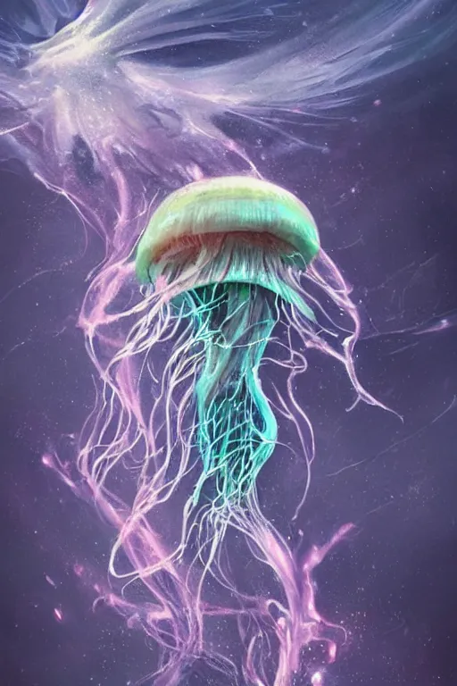 Image similar to the look of an elderly person full of wrinkles and imperfections comes out of a tornado jellyfish by artgem and greg rutkowski, highly detailed, high contrast, light reflection, trippy, nebula, trending on artstation