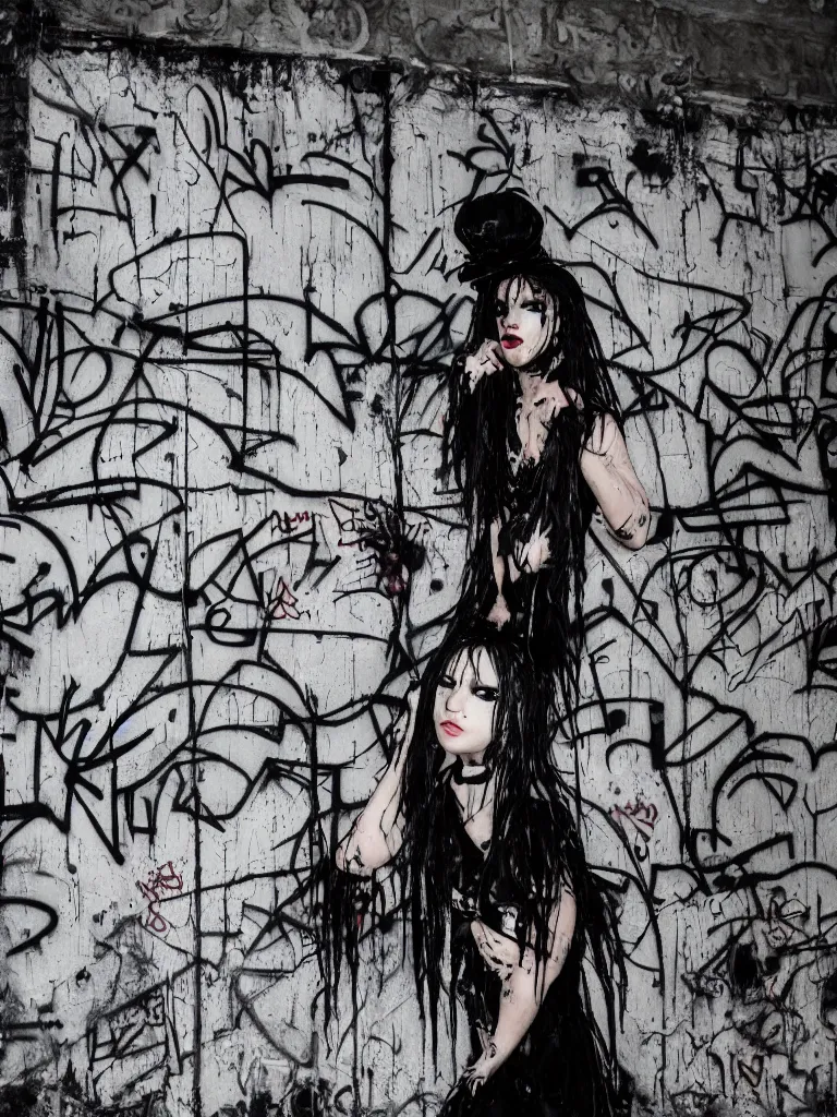 Prompt: graffiti in an abandoned overgrown warehouse, cute fumo plush gothic black enigmatic maiden girl painted in spilt ink and washed watercolor, avant garde pop art, captured on canon eos r 6