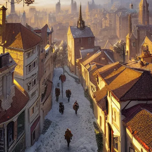 Prompt: an ultra detailed matte painting of the quaint town of galic, grid shaped city cobblestone streets, fantasy city, light snowfall, wind, inspiring gothic architecture, ultrawide lense, aerial photography, unreal engine, exquisite detail, 8 k, art by greg rutkowski and alphonse mucha