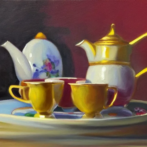 Prompt: a painting of a tea set on a table, a still life by marshall arisman, artstation contest winner, american scene painting, rim light, rich color palette, oil on canvas