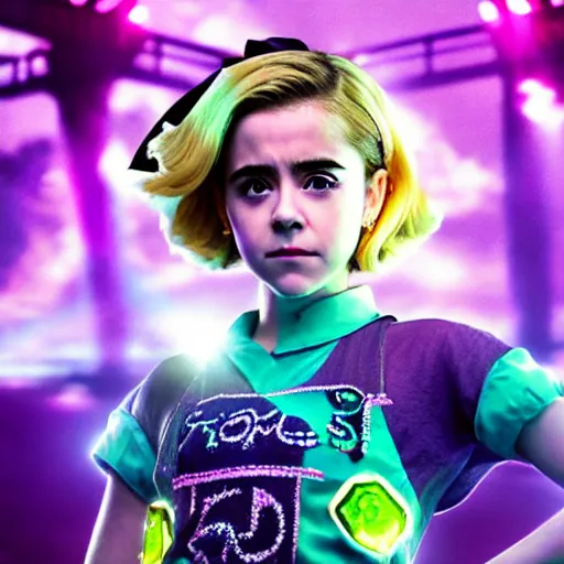 Image similar to cinematic scene with kiernan shipka as jolyne from jojo's bizarre adventure, live action film, stone ocean, dramatic, small details, volumetric lighting, still frame