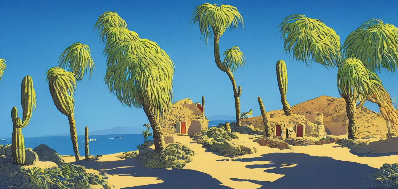 Image similar to animation background painting baja california desert by the sea, a seashell shaped house stands alone, a kid runs happily, by eyvind earle and maurice noble