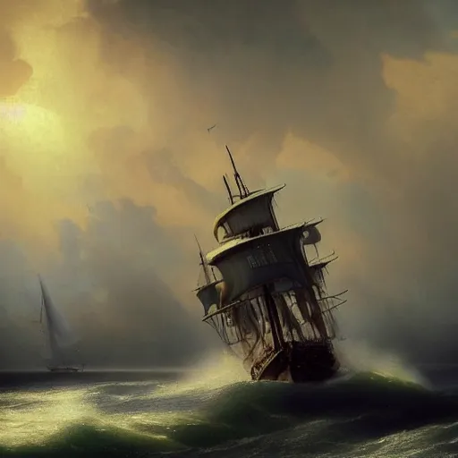 Image similar to a sunset and stormy sea with a giant pirate sailing-warship in style of Aivazovskiy, hypertealistic, high details, cinematic, 8k resolution, beautiful detailed, insanely intricate details, artstation trending, octane render, unreal engine,