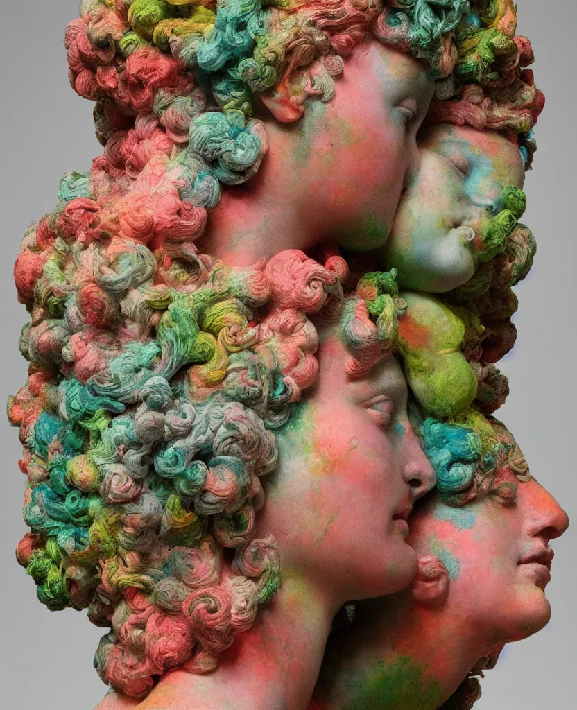 Prompt: beautiful intricate colourful marble sculpture woman portrait by michelangelo buonarroti and by gian lorenzo bernini, colour paint splashes corals vegetation, covered in moss
