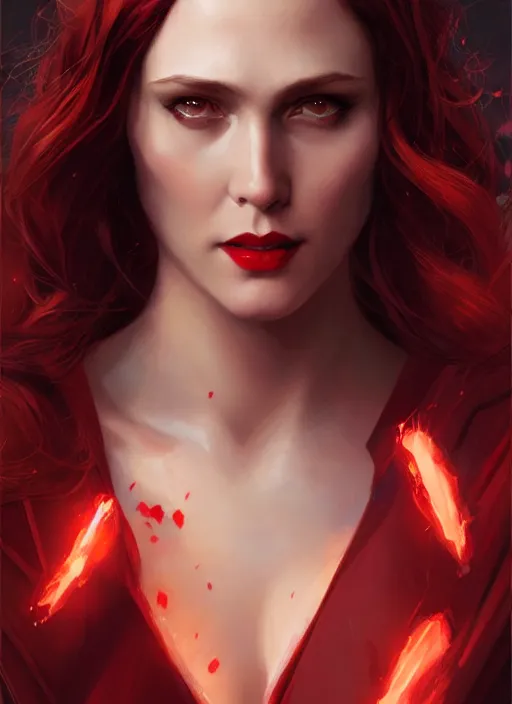 Image similar to Scarlet Witch as Lucifer morningstar, slight smile, highly detailed, digital painting, artstation, concept art, sharp focus, illustration, art by wlop and J. C. Leyendecker and Edmund Bliar Leighton and Charlie Bowater