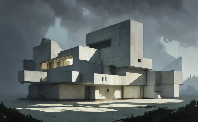 Image similar to painting of a wide angle exterior shot of a white brutalist architecture house with cinematic lighting by zaha hadid and peterzumthor, darek zabrocki and greg ruthkowski, alphonse mucha, simon stalenhag and cinematic and blue cold atmospheric, archillect concept art, artstation, trending on artstation