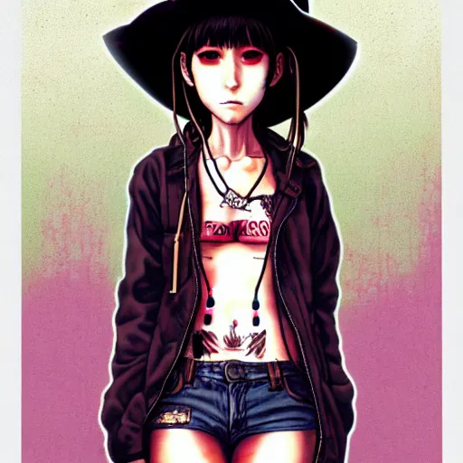 Image similar to full view of girl from serial experiments lain, with tattoos, wearing cowboy hat, style of yoshii chie and hikari shimoda and martine johanna, highly detailed