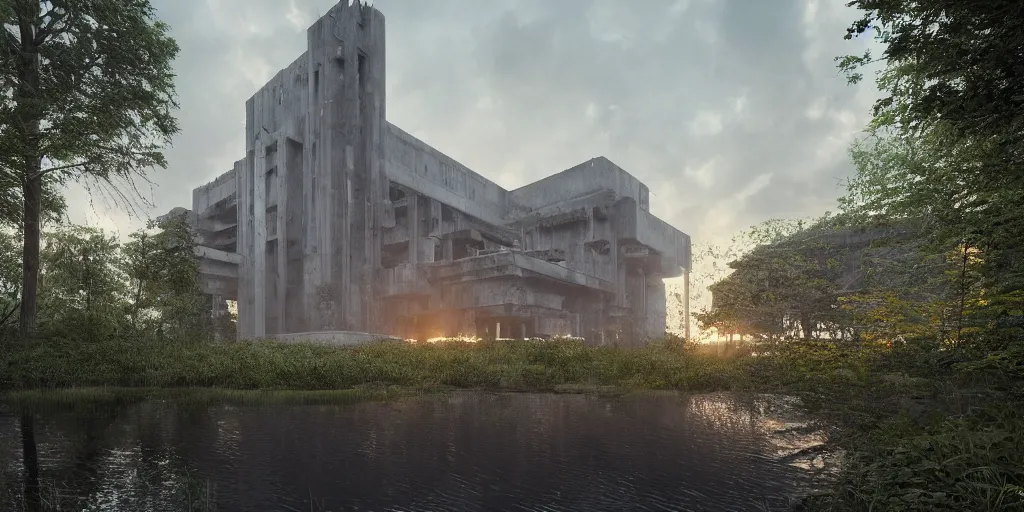 Prompt: an extremely detailed cathedral of brutalist architecture, surrounded by lush green forest and murky ponds of water, stunning volumetric lighting, sunset, rusted steel, smooth concrete, stunning skies, trending on Artstation, 8k, photorealistic, hyper detailed, unreal engine 5, IMAX quality, cinematic, epic lighting, in the style of the game DOOM, by Greg Rutkowski