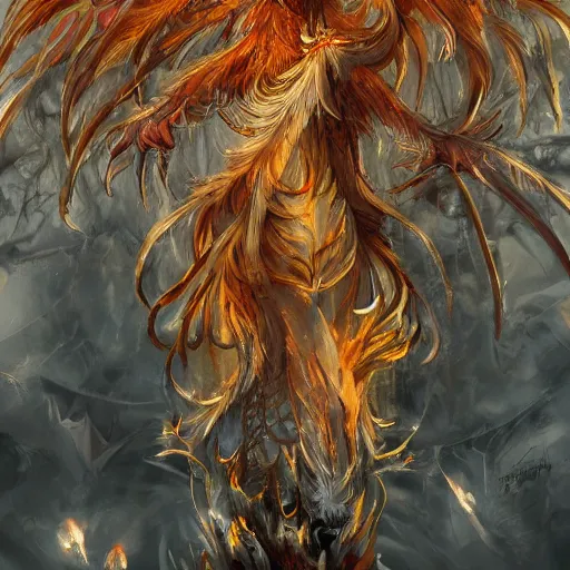 Prompt: beautiful still of the phoenix, the majestic mythical bird with the plumage of fire, beautiful intense light of fire, hyper detailed, photography, artstation
