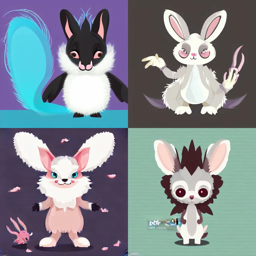 Prompt: sympathetic fantasy creature with fluffy white fur coat, drooping rabbity ears, and cute little horns. Vector art, svg. Cartoon character concept.