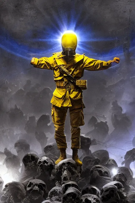 Prompt: A distant front view shot of a soldier with blue and yellow flag in his hand while he is standing on a huge pile of skulls in triumph after the battle, head is up, modern helmet, flag in his right hand, dark atmosphere, bright rays of light, beams of light, intricate, volumetric lighting, volumetric lights, highly detailed, smooth, artstation, digital illustration by Ruan Jia and Mandy Jurgens and Artgerm and Wayne Barlowe and Greg Rutkowski and Frank Frazetta