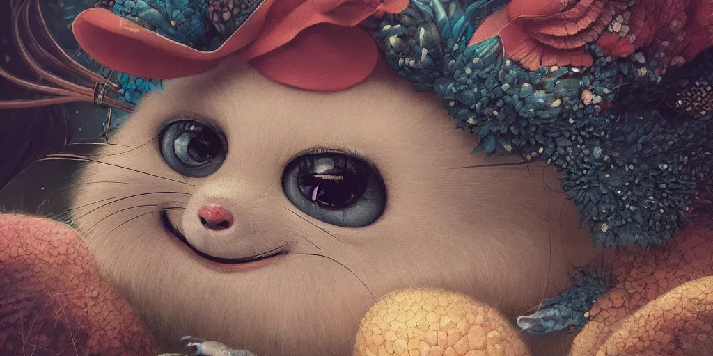 Image similar to a closeup shot of a little cute strange animal illustrated by miyazaki by karol bak, james jean, tom bagshaw, rococo, sharp focus, trending on artstation, cinematic lighting, hyper realism, octane render, 8 k, hyper detailed, vivid, ultra detailed, highly detailed, zbrush