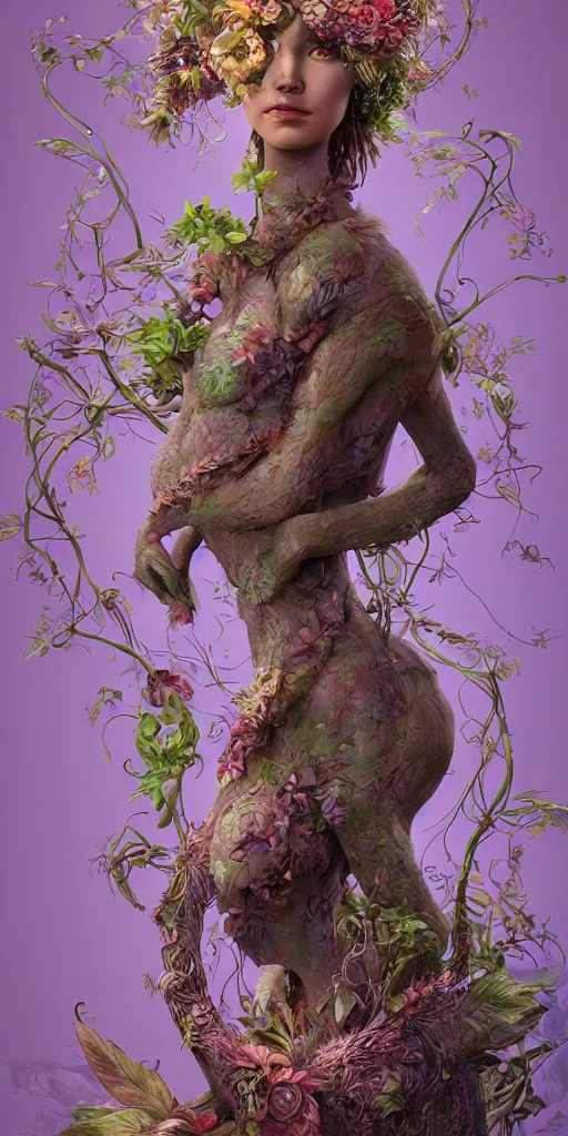 Prompt: a sculpture of mythical creatures by hannah yata, elegant female emerging from feathers and plants, leaves and vines, artstation, concept art, ambient occlusion, vray render,