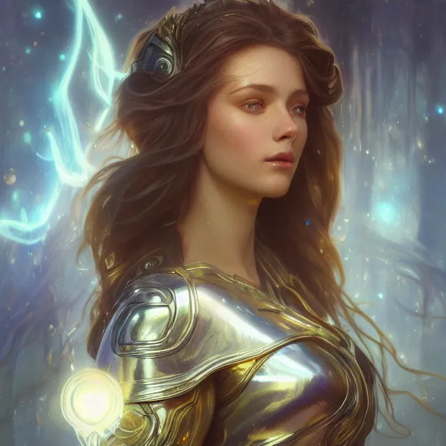 Image similar to close up portrait of a beautiful fantasy female goddess wearing shiny silver armor, glowing hair, glowing light armor, subsurface scattering, ethereal, artistic, temple background with light rays, fantasy atmosphere. art by artgerm, greg rutkowski and alphonse mucha, 3 d artstation octane render,