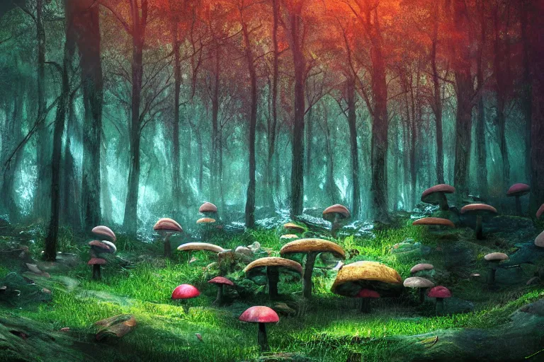 Image similar to deep moody forest made of candy, peppermint stick trees, cotton candy bushes, big colorful rock candy boulders, gumdrop mushrooms, chocolate creek, dark mood. mysterious realistic painting. photo collage, highly detailed, cinematic, hyperrealistic, artstation, dramatic lighting, god rays, clean crisp graphics, smooth sharp focus, extremely detailed