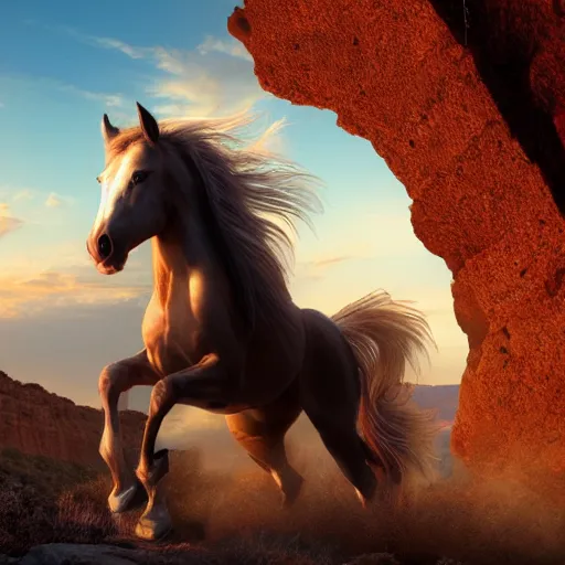 Prompt: spirit, the wild horse from the spirit movie, with the young girl named lucky on the horseback galloping next to a canyon into the sunset, movie poster, intricate detail, 8 k, trending on artstation, octane render