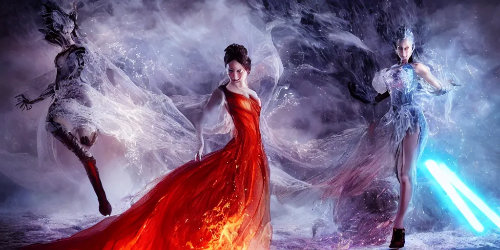 Prompt: extraordinary sensual attractive fairytale princess dress made of fire and ice, snow, fusion, eruption, particles, face detailed Catherine zeta jones, 3d model, epic scene unreal render depth of focus blur hyper realistic detail Star Wars, x-men storm , fantasy art behance