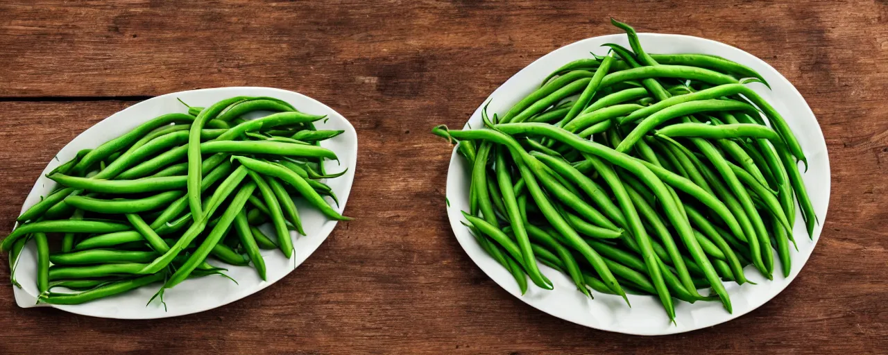 Prompt: photography strikning green beans