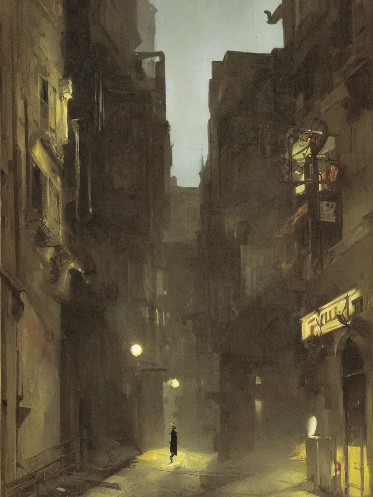 Image similar to a dark alley with abandoned buildings, a nightclub with neon signs by carl spitzweg and edward hopper