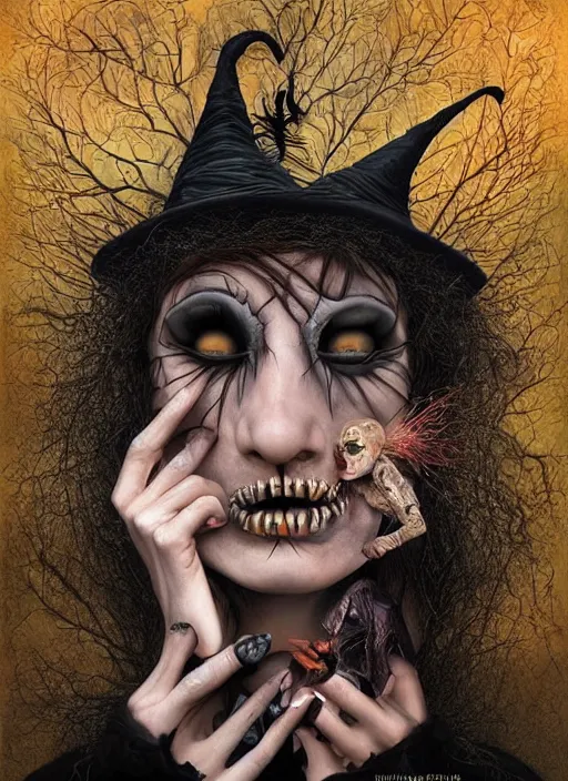Image similar to halloween witch theme surrealist art in the styles of igor morski, jim warren, and a tim burton film, intricate, hyperrealistic, accurate facial details, volumetric lighting