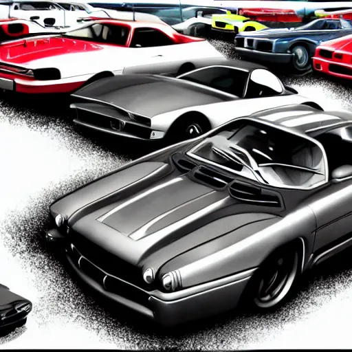 Image similar to photorealistic picture from car garage, city car, need for speed most wanted art style