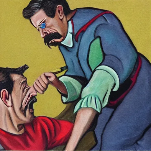 Prompt: oil painting of ned flanders punching a sinner to death by shattering his ribcage