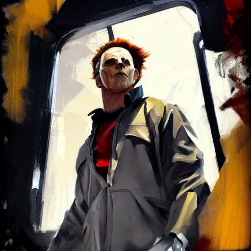 Image similar to greg manchess portrait painting of michael myers as overwatch character, medium shot, asymmetrical, profile picture, organic painting, sunny day, matte painting, bold shapes, hard edges, street art, trending on artstation, by huang guangjian and gil elvgren and sachin teng