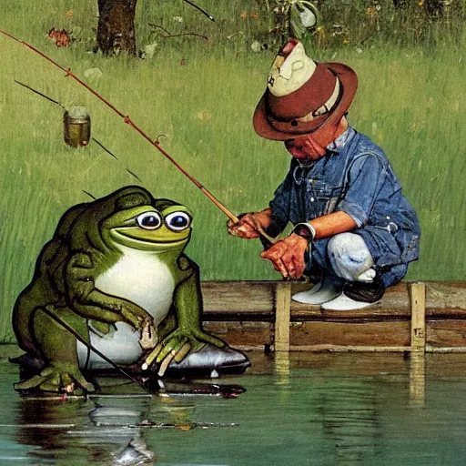 Image similar to pepe the frog fishing by norman rockwell