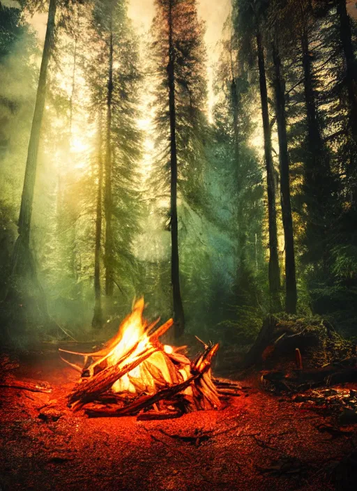 Image similar to cinematic shot epic forest, hyper realistic, mood lighting, fantasy, detailed campfire, highly detailed, super realistic, perfect lighting pixel sorting, style sheet