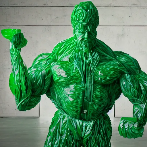 Prompt: sculpture of a bodybuilder made entirely from fresh lettuce, by antoni gaudi, studio lighting, 8 k, high quality, professional photography