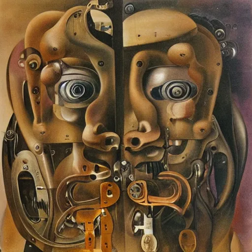 Image similar to Oil painting by Dali. Two mechanical trash gods with animal faces kissing. Oil painting by Hans Bellmer.