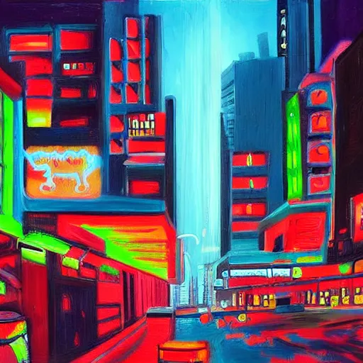 Image similar to neon city with cat realistic painting